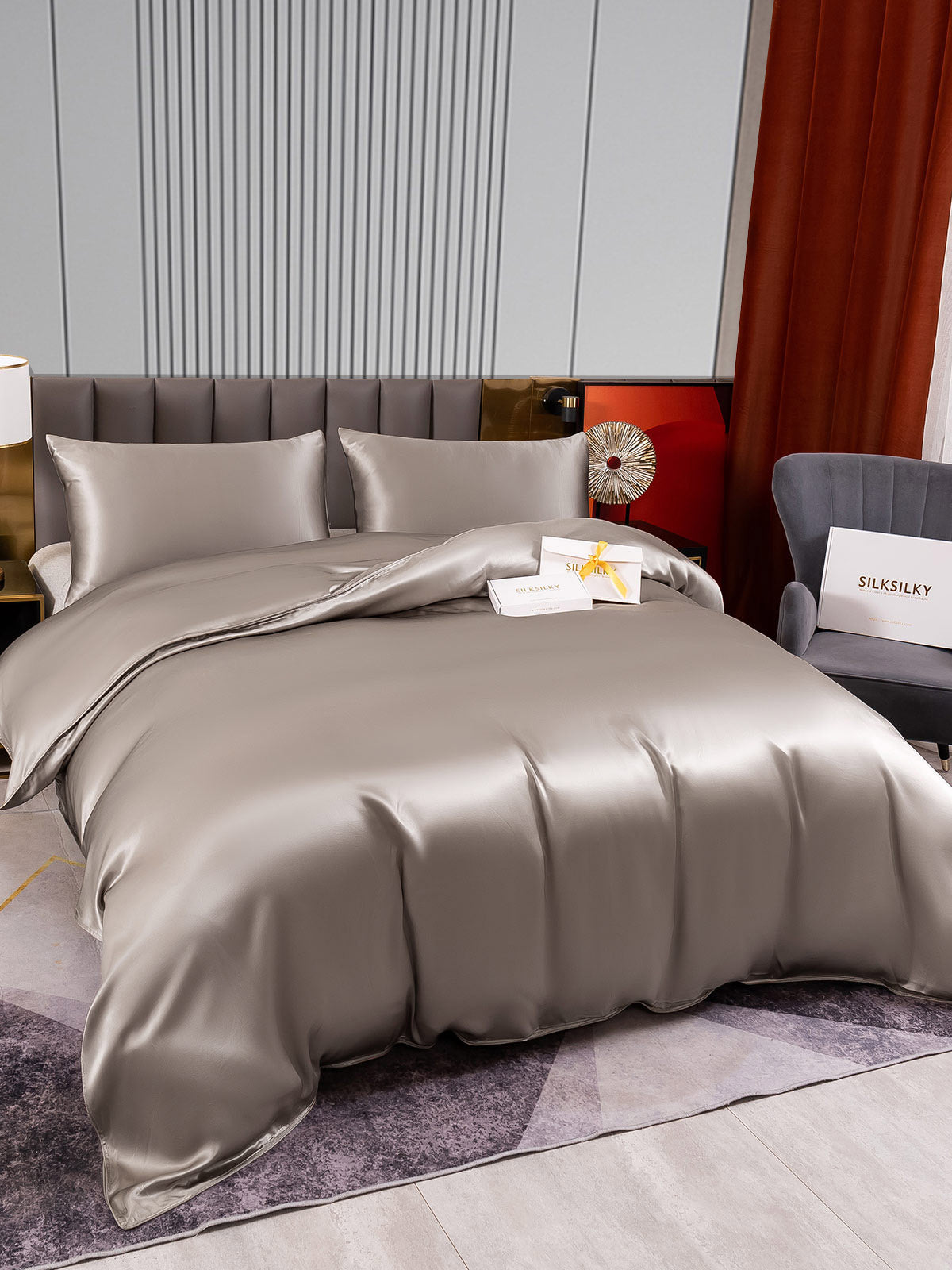 [رمادي] SilkSilky-SA 22Momme الحرير الخالص Bedding Set 003