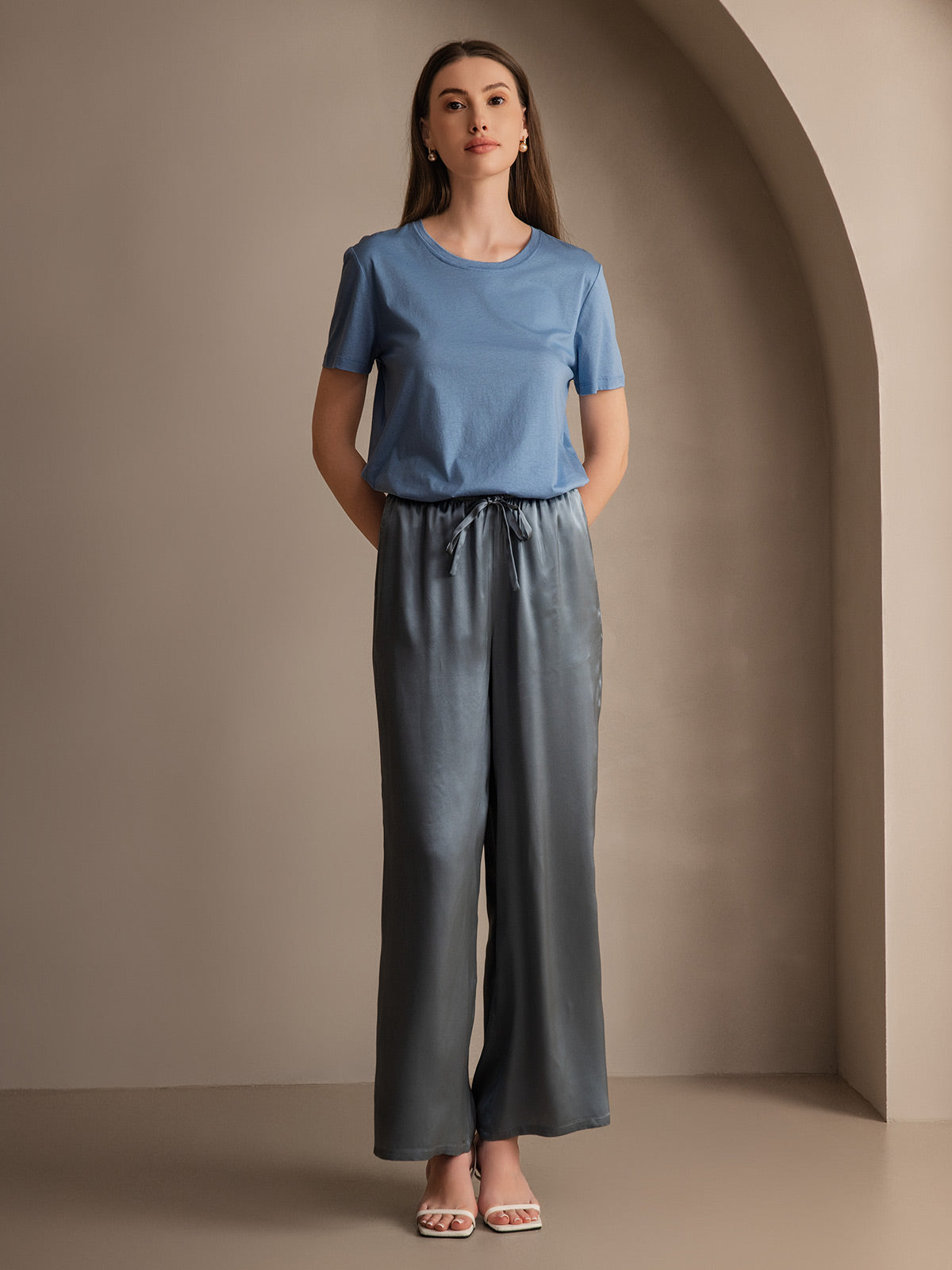 [أزرق رمادي] SilkSilky-SA الحرير الخالص Womens Pants 006