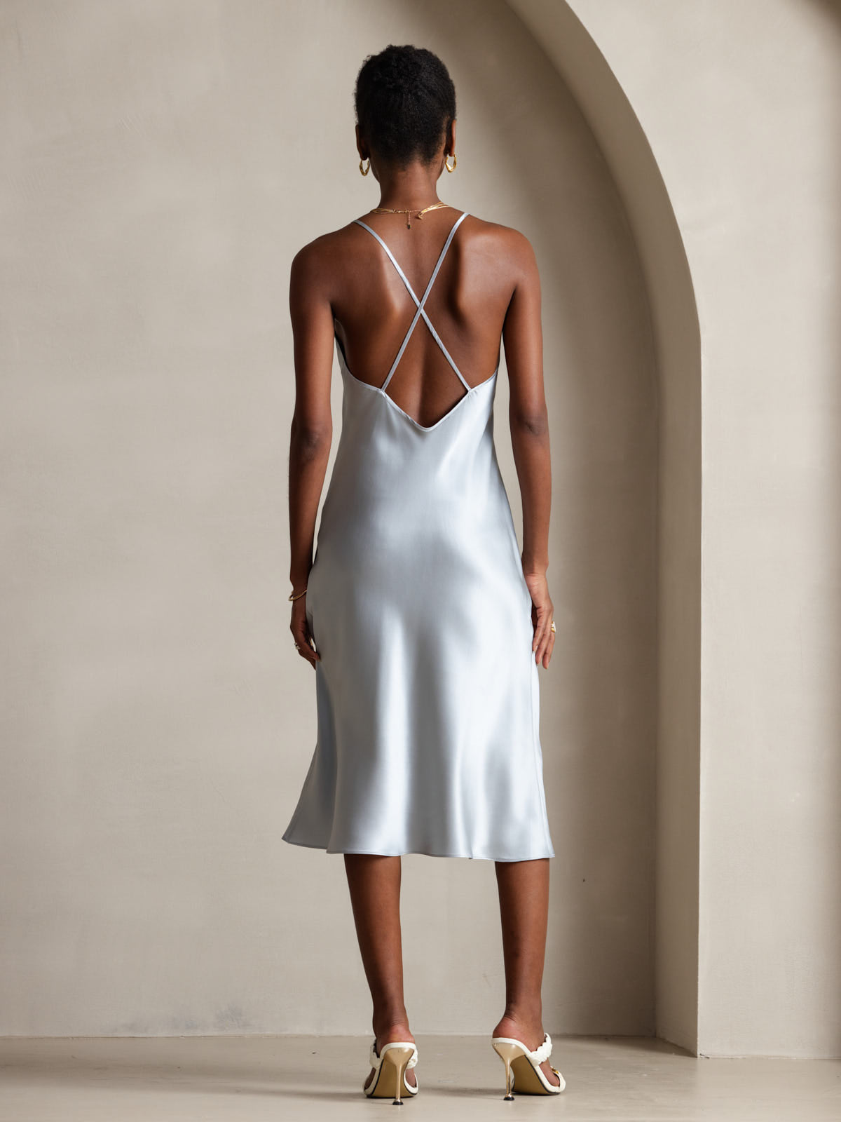 [أزرق رمادي] SilkSilky-SA Sleeveless V Neck فساتين نسائية 002