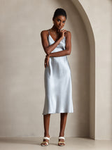 [أزرق رمادي] SilkSilky-SA Sleeveless V Neck فساتين نسائية 006