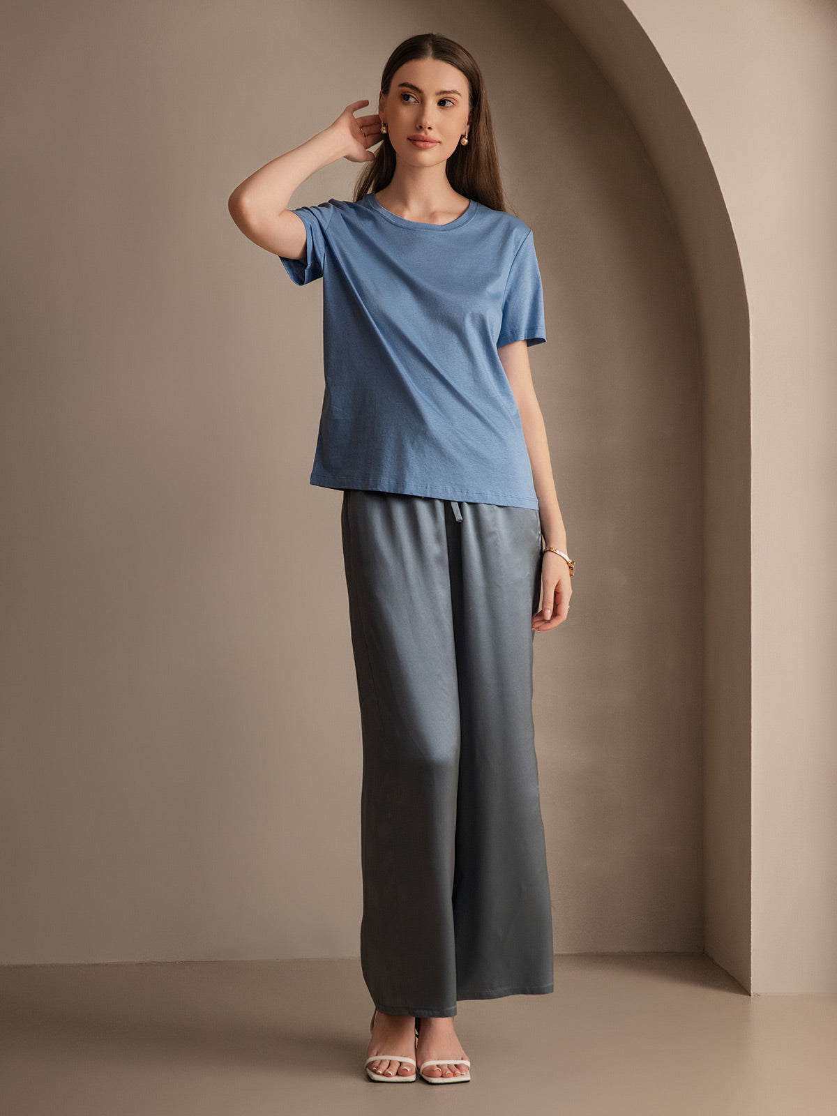 [أزرق رمادي] SilkSilky-SA Pure Silk Womens Pants 003