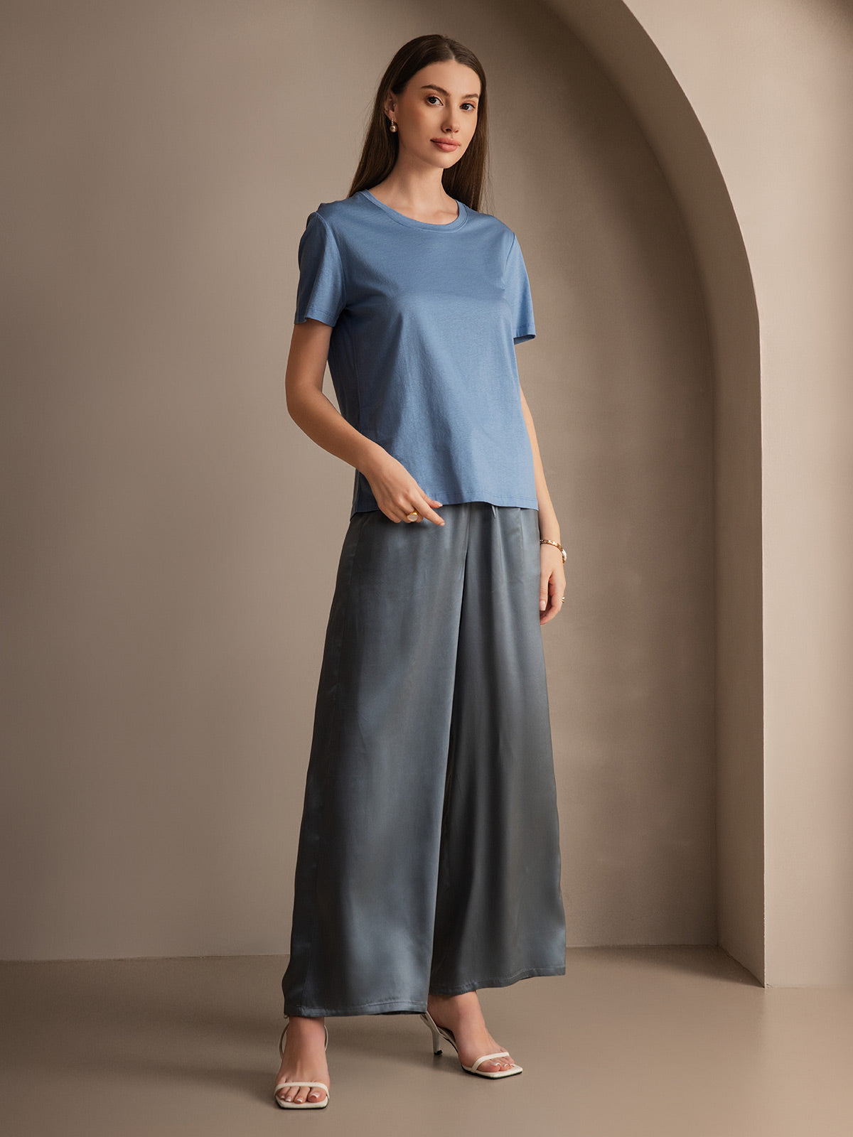 [أزرق رمادي] SilkSilky-SA Pure Silk Womens Pants 004