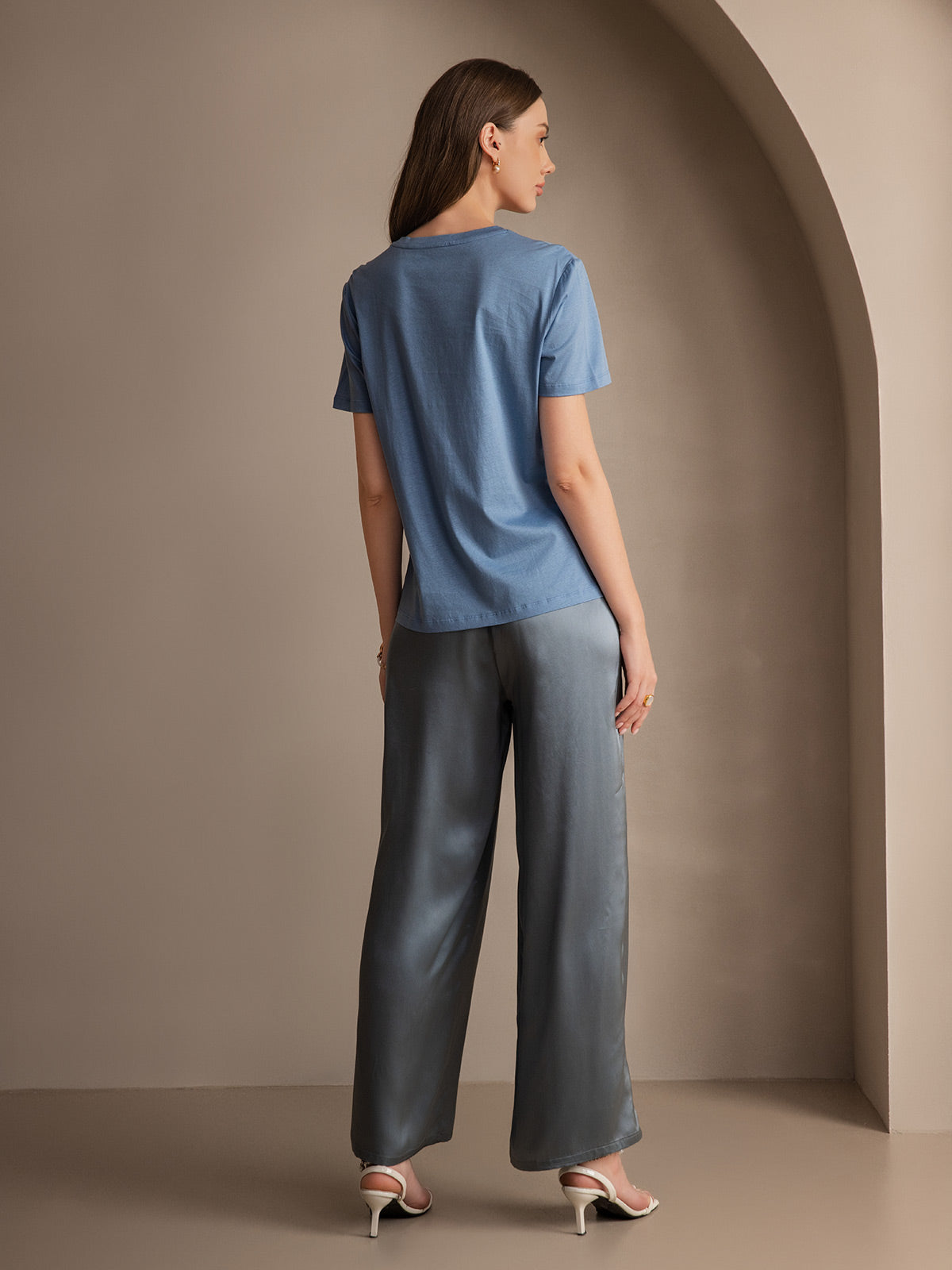 [أزرق رمادي] SilkSilky-SA Pure Silk Womens Pants 005