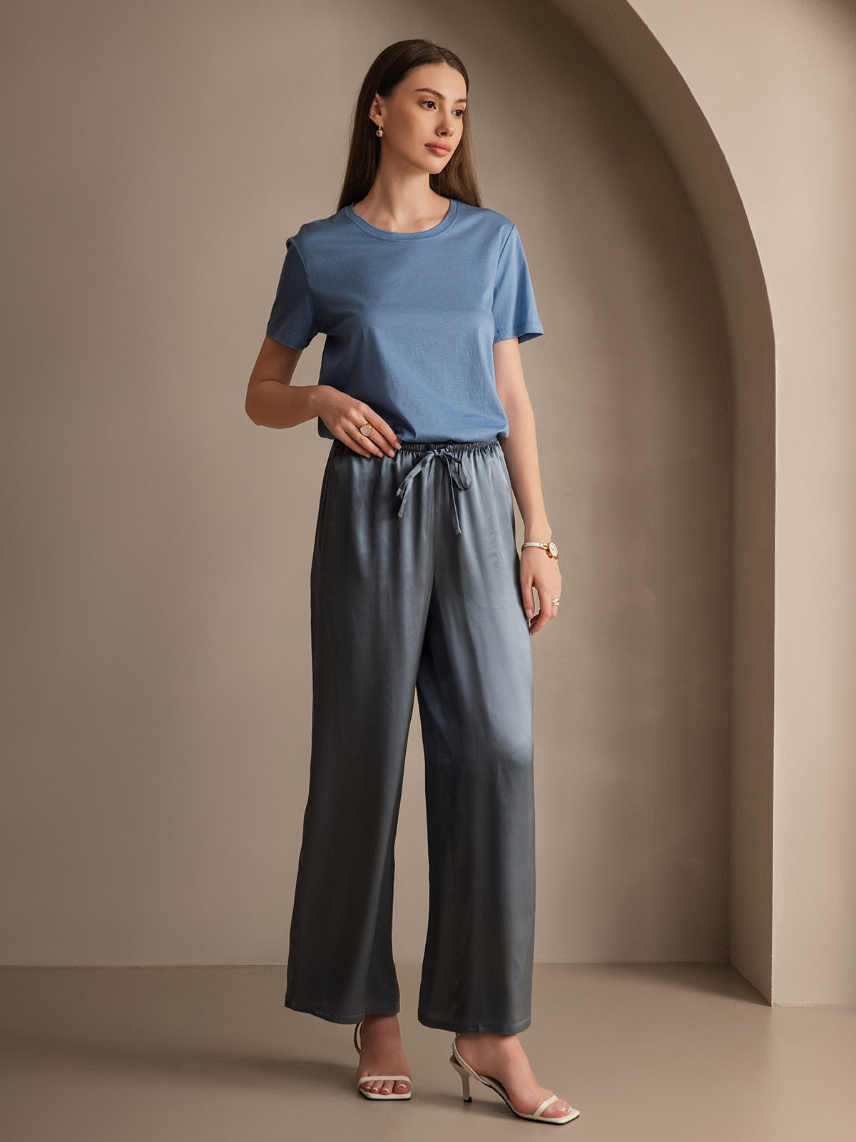 [أزرق رمادي] SilkSilky-SA Pure Silk Womens Pants 006