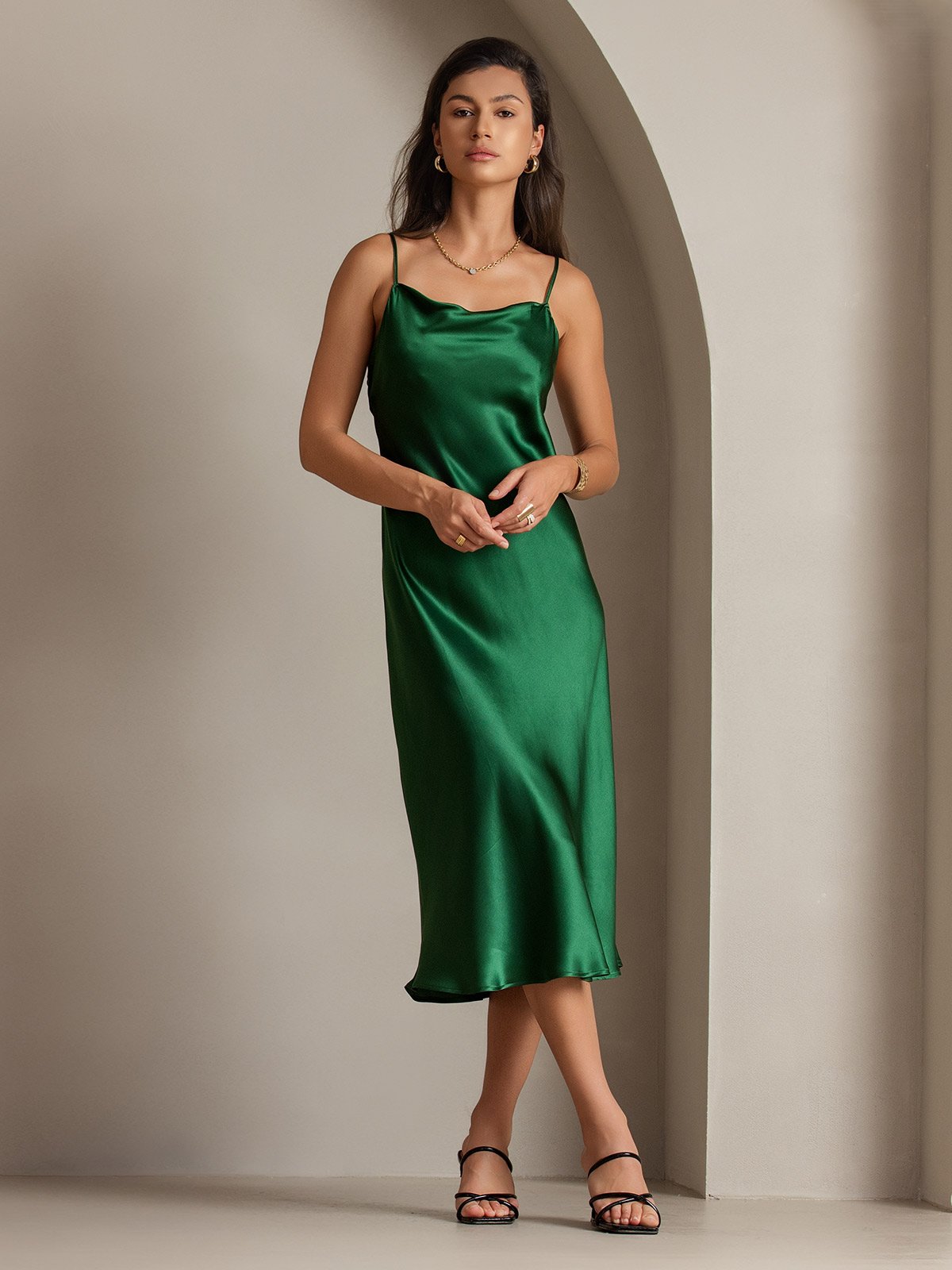 [أخضر] SilkSilky-SA Sleeveless Cowl Neck فساتين نسائية 001
