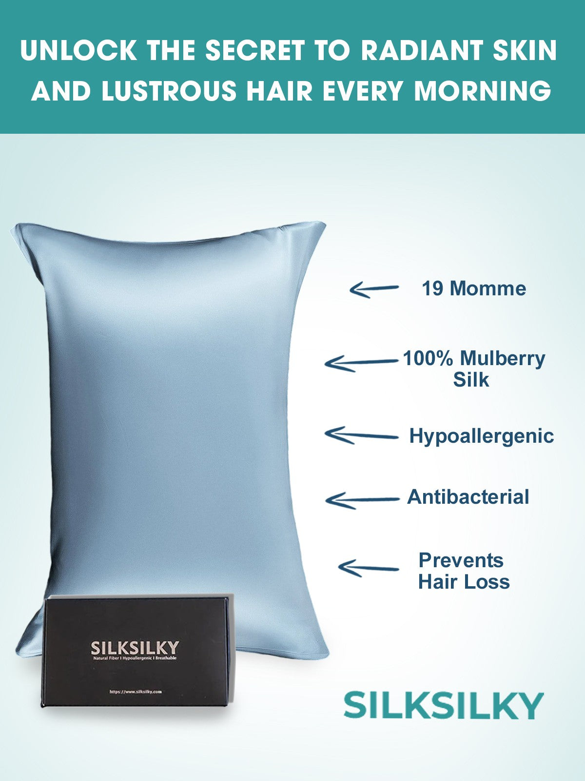 [أزرق فاتح] SilkSilky-SA 19Momme الحرير الخالص Pillowcase 002