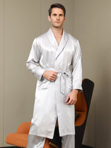 [رمادي فاتح] SilkSilky-SA 19Momme الحرير الخالص الأكمام الطويلة Mens Robe 001