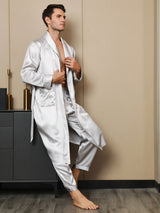 [رمادي فاتح] SilkSilky-SA 19Momme الحرير الخالص الأكمام الطويلة Mens Robe 005