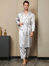 [رمادي فاتح] SilkSilky-SA 19Momme الحرير الخالص الأكمام الطويلة Mens Robe 006