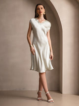 [اخضر فاتح] SilkSilky-SA Cap Sleeve V Neck فساتين نسائية 006