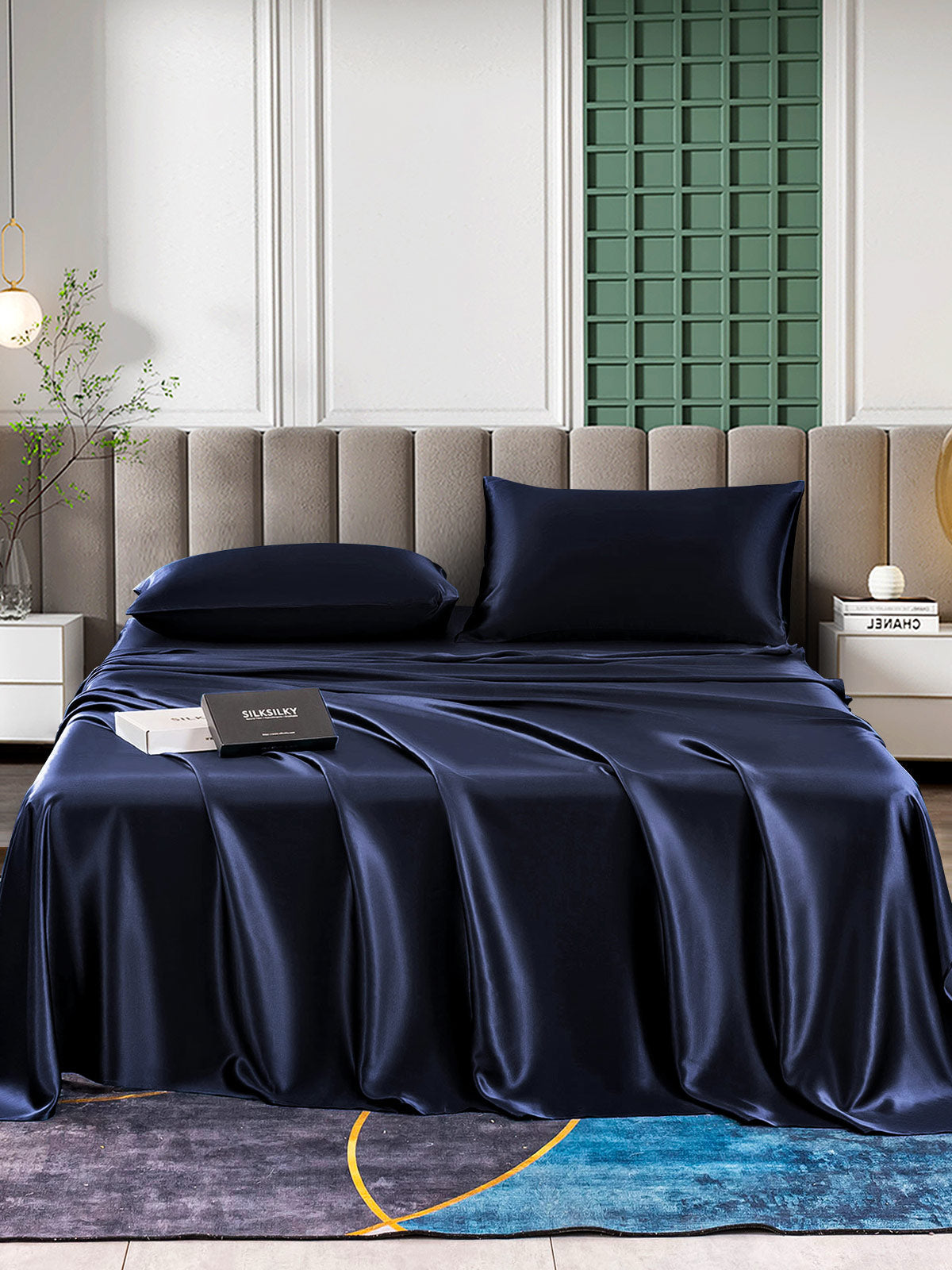 [أزرق غامق] SilkSilky-SA 25Momme الحرير الخالص Bedding Set 001