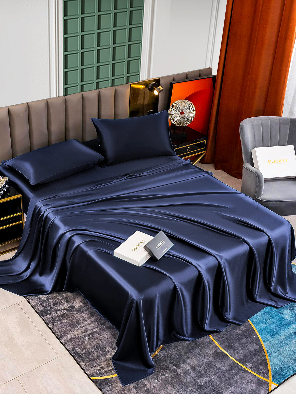 [أزرق غامق] SilkSilky-SA 25Momme الحرير الخالص Bedding Set 003