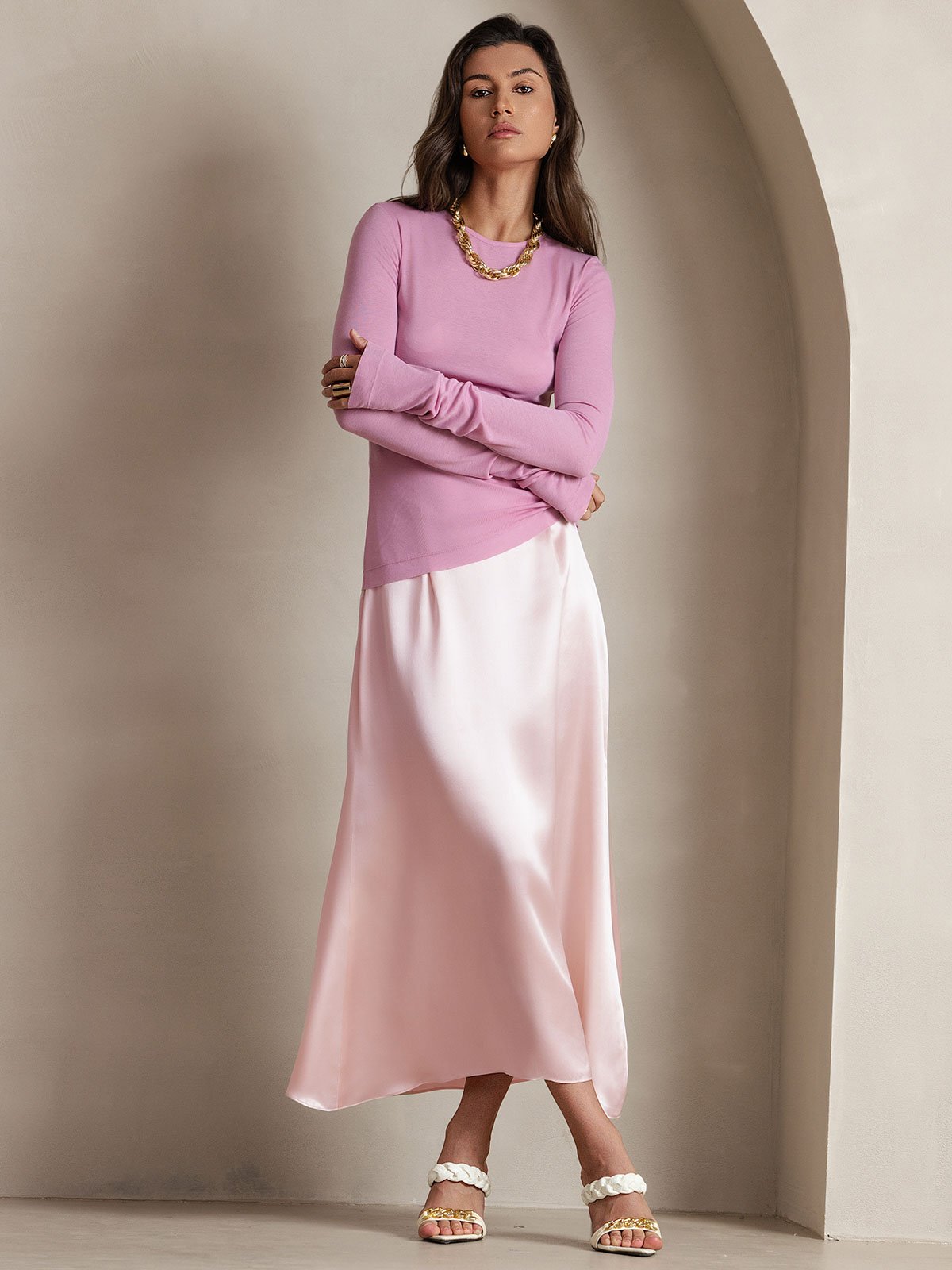 [لون القرنفل] SilkSilky-SA 19Momme الحرير Skirt 001