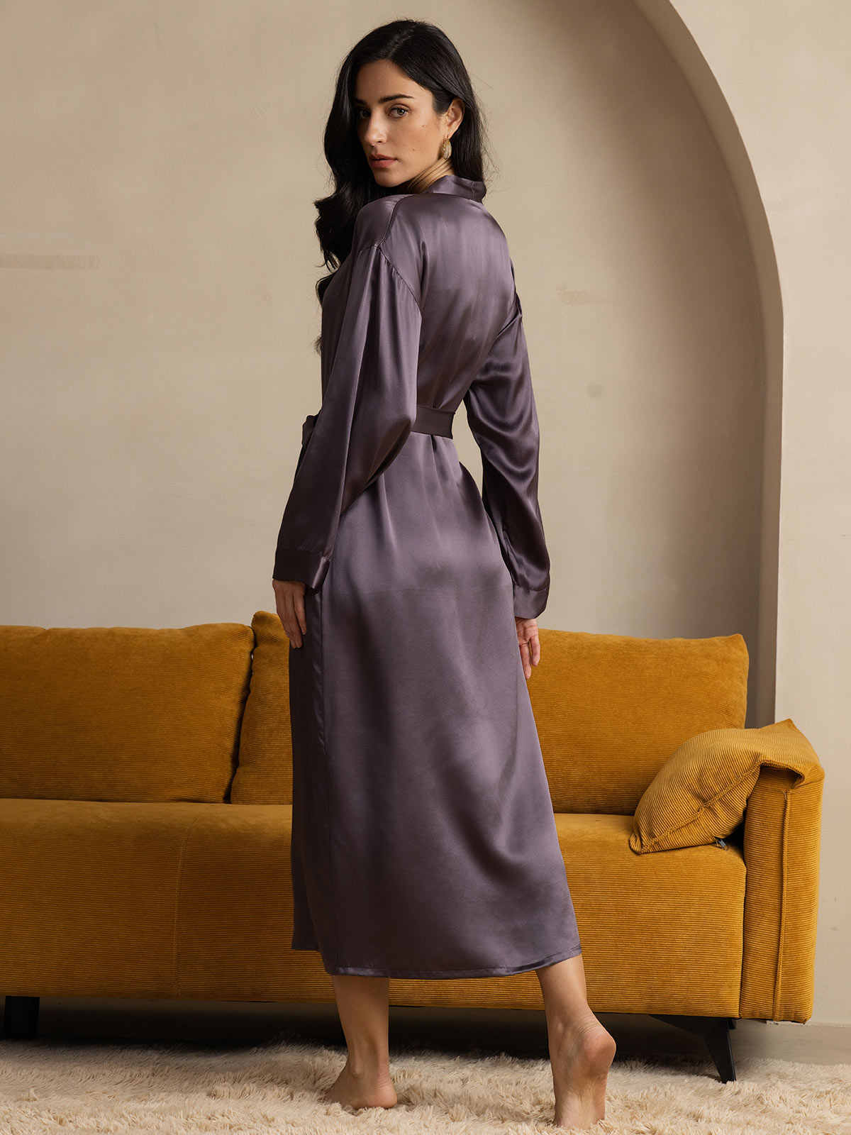 [رمادي أرجواني] SilkSilky-SA الحرير الخالص الأكمام الطويلة Womens Robe 002