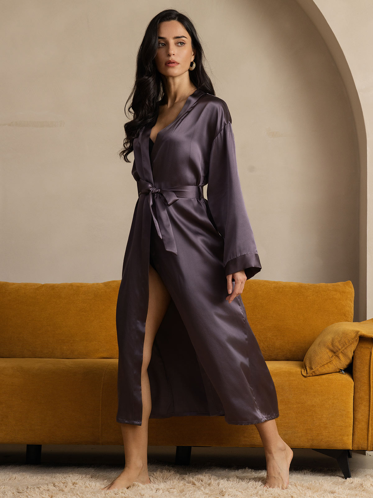 [رمادي أرجواني] SilkSilky-SA الحرير الخالص الأكمام الطويلة Womens Robe 004