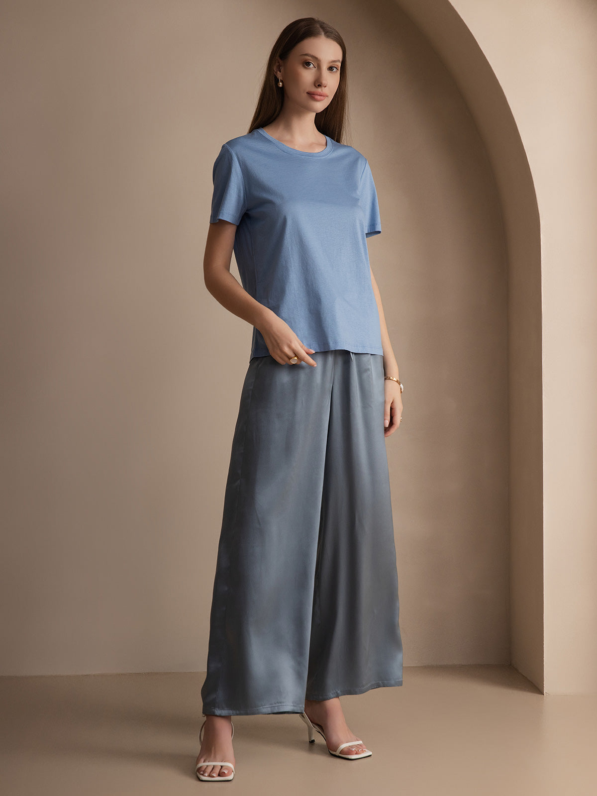 [أزرق] SilkSilky-SA محبوك الحرير رقبة مستديرة تي شيرت نسائية 004,