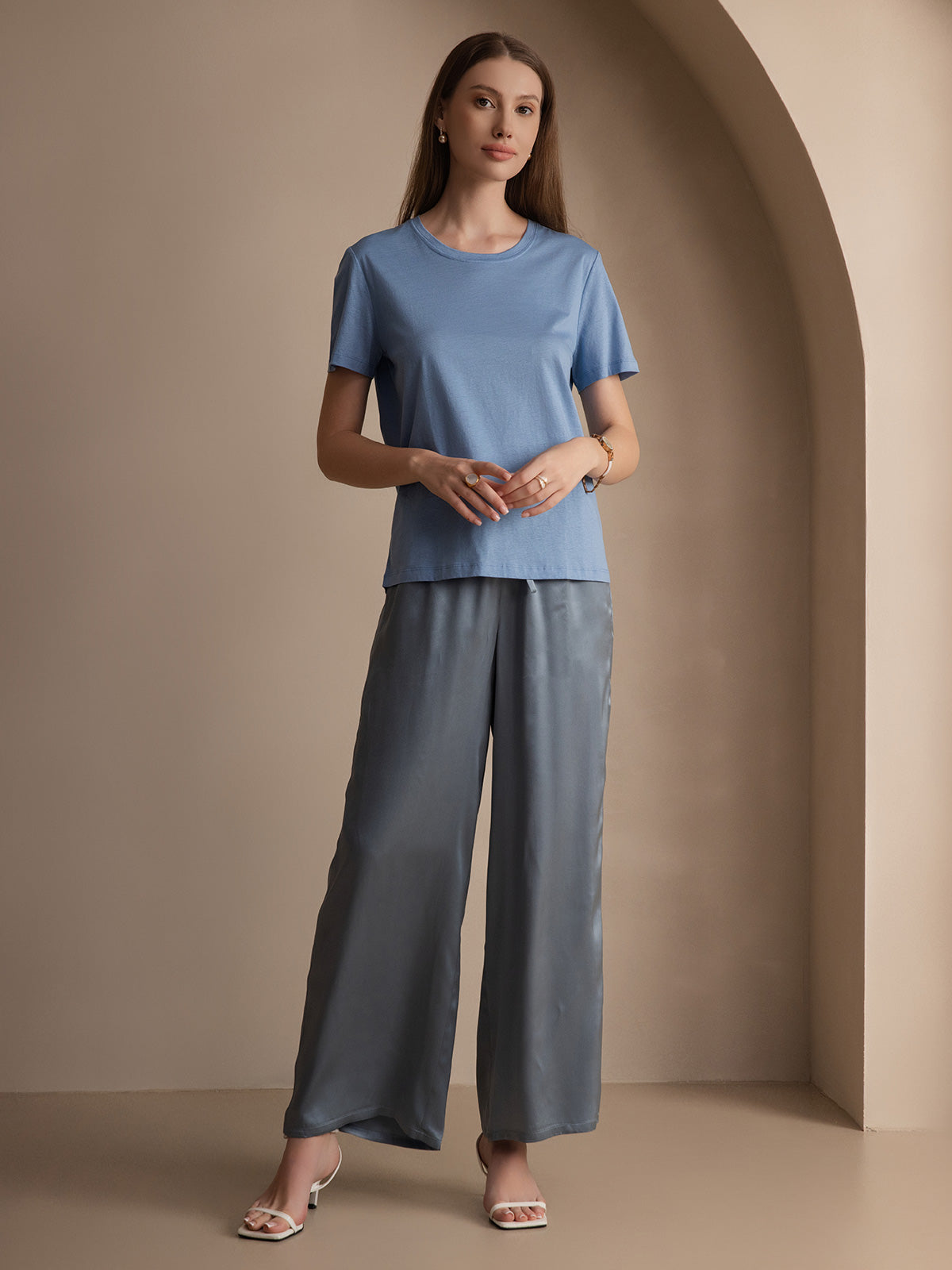 [أزرق] SilkSilky-SA محبوك الحرير رقبة مستديرة تي شيرت نسائية 005,