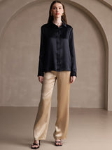 [أسود] SilkSilky-SA Long Sleeve Lapel Collar بلايز نسائية 007