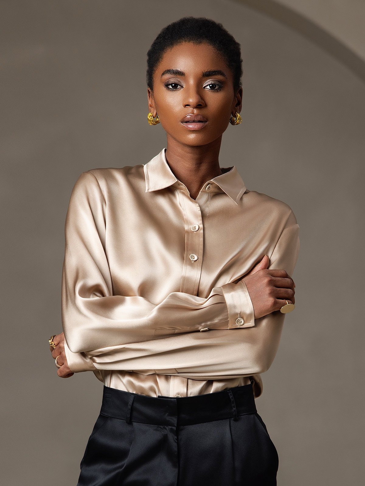 [شامبانيا] SilkSilky-SA Long Sleeve Lapel Collar بلايز نسائية 001