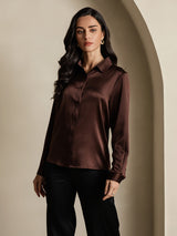 [قهوة] SilkSilky-SA Long Sleeve Lapel Collar بلايز نسائية 003