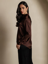 [قهوة] SilkSilky-SA Long Sleeve Lapel Collar بلايز نسائية 004