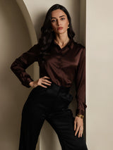 [قهوة] SilkSilky-SA Long Sleeve Lapel Collar بلايز نسائية 005