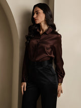 [قهوة] SilkSilky-SA Long Sleeve Lapel Collar بلايز نسائية 006