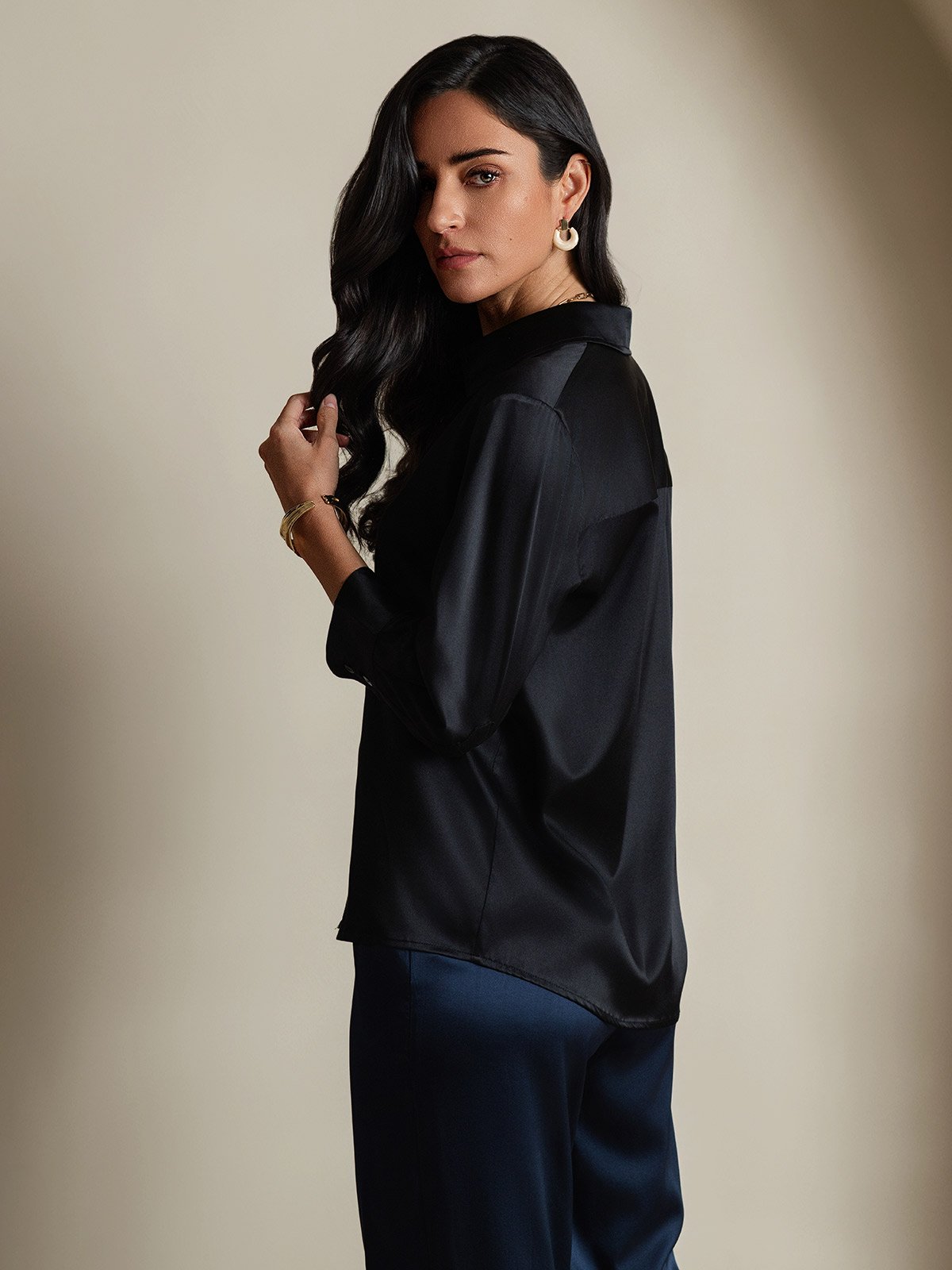 [أسود] SilkSilky-SA 19Momme الحرير الأكمام الطويلة Lapel Collar بلايز نسائية 002