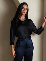 [أسود] SilkSilky-SA 19Momme أكمام بثلاثة أرباع الأطوال ياقة بقلاب بلايز نسائية 003