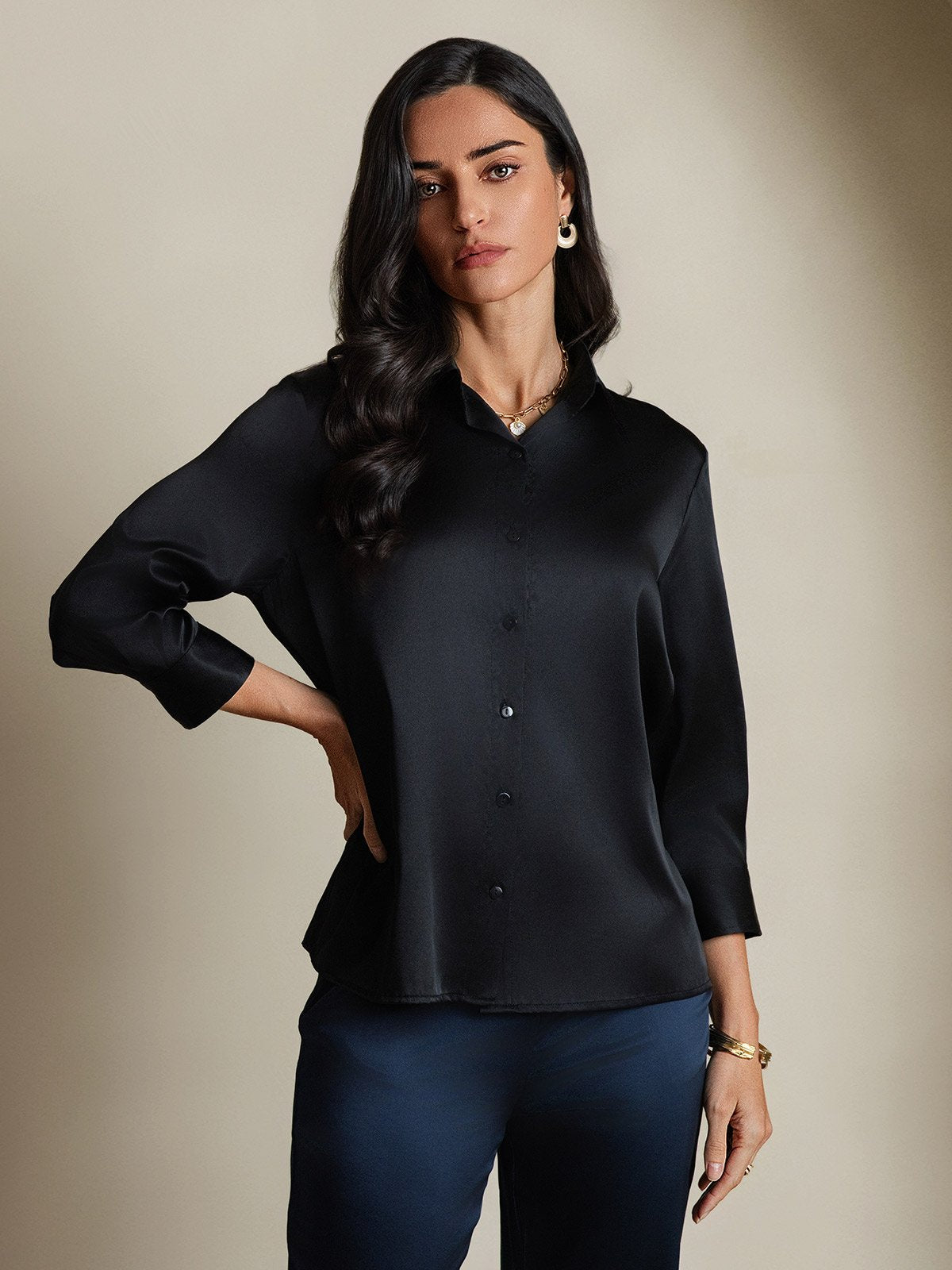 [أسود] SilkSilky-SA 19Momme الحرير الأكمام الطويلة Lapel Collar بلايز نسائية 004