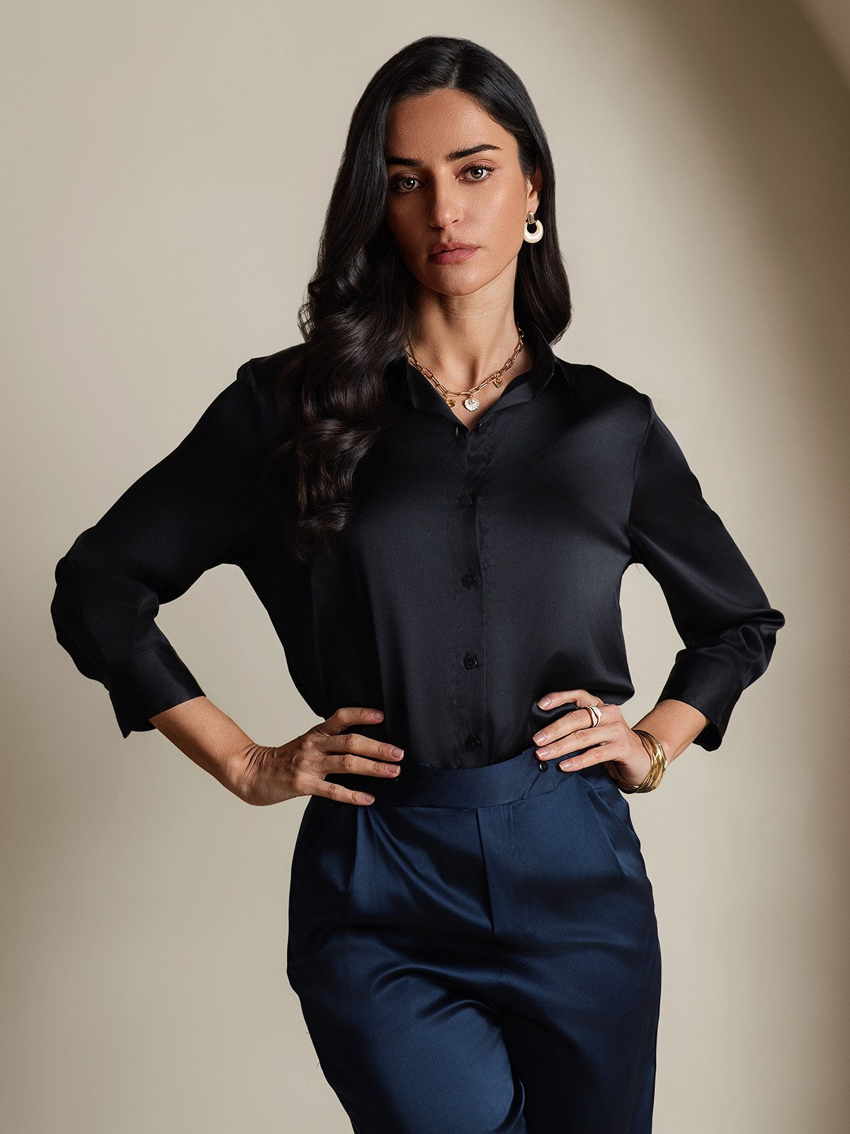 [أسود] SilkSilky-SA 19Momme الحرير الأكمام الطويلة Lapel Collar بلايز نسائية 005