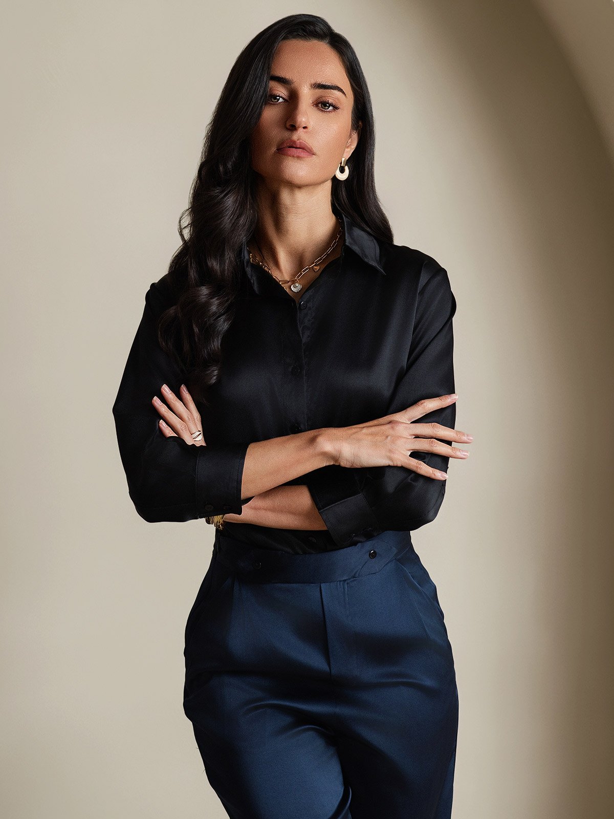 [أسود] SilkSilky-SA 19Momme الحرير الأكمام الطويلة Lapel Collar بلايز نسائية 006