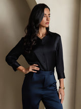 [أسود] SilkSilky-SA 19Momme أكمام بثلاثة أرباع الأطوال ياقة بقلاب بلايز نسائية 007