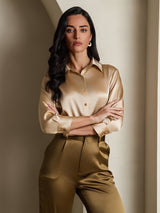 [شامبانيا] SilkSilky-SA 19Momme أكمام بثلاثة أرباع الأطوال ياقة بقلاب بلايز نسائية 001