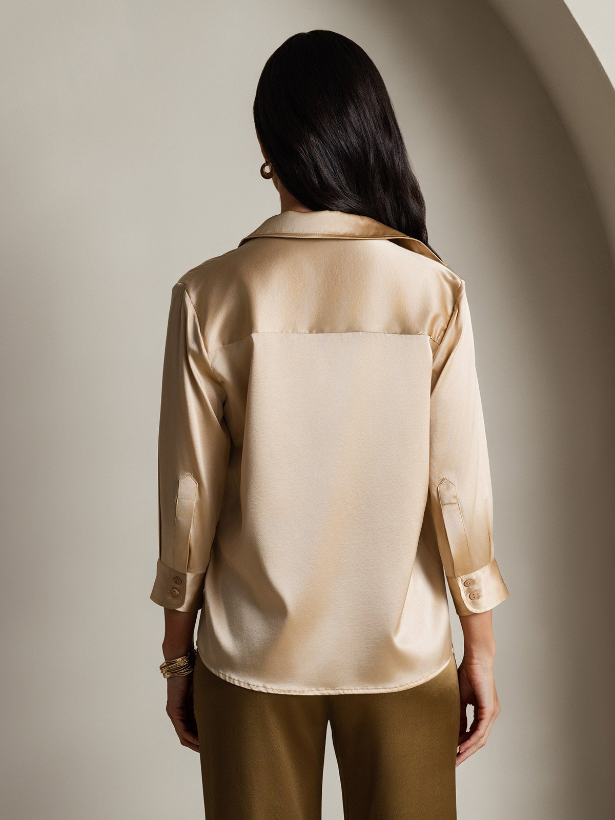 [شامبانيا] SilkSilky-SA 19Momme الحرير الأكمام الطويلة Lapel Collar بلايز نسائية 002