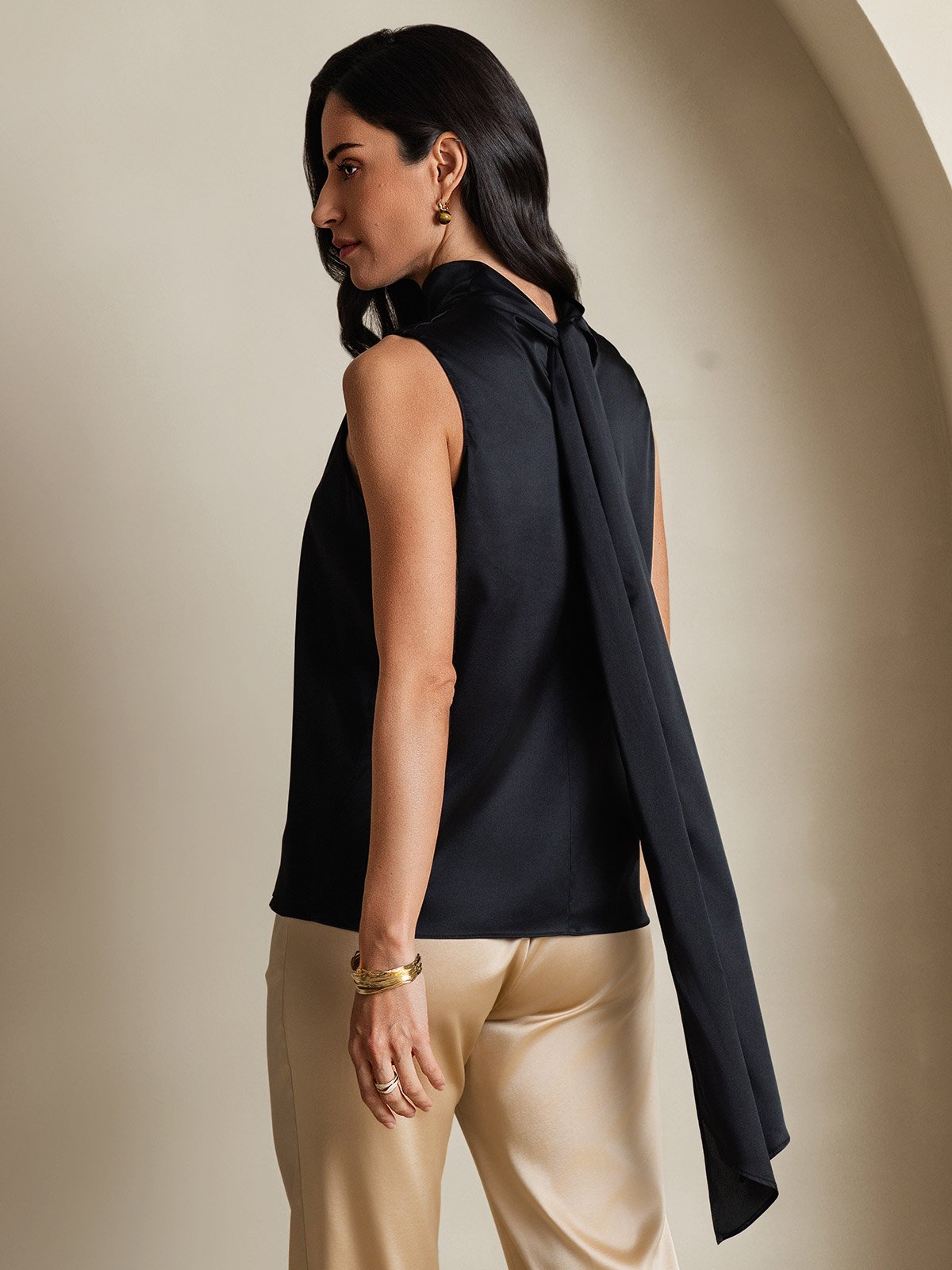 [أسود] SilkSilky-SA 19Momme الحرير تعادل الرقبة بلوزة 002