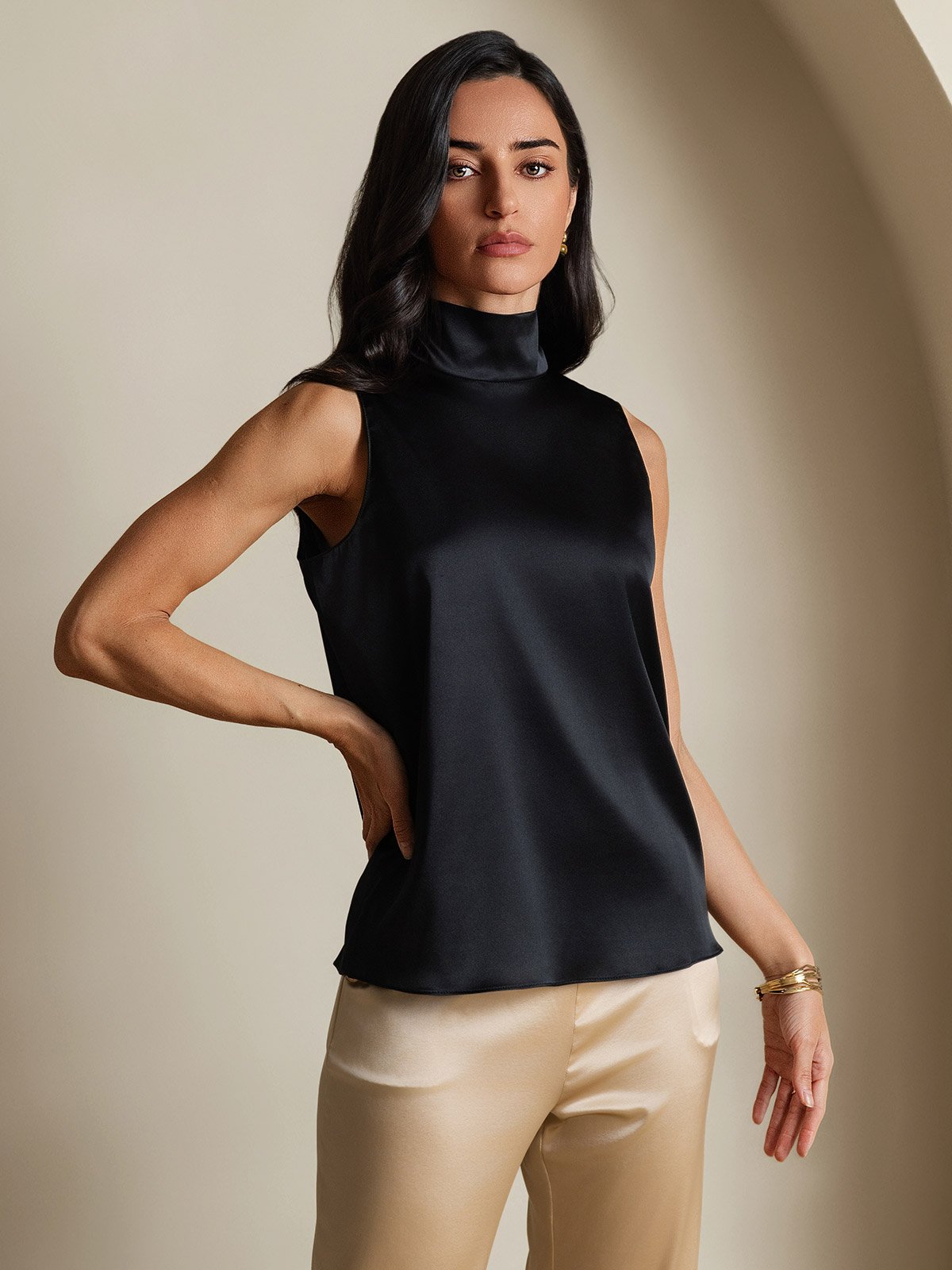 [أسود] SilkSilky-SA 19Momme الحرير تعادل الرقبة بلوزة 006