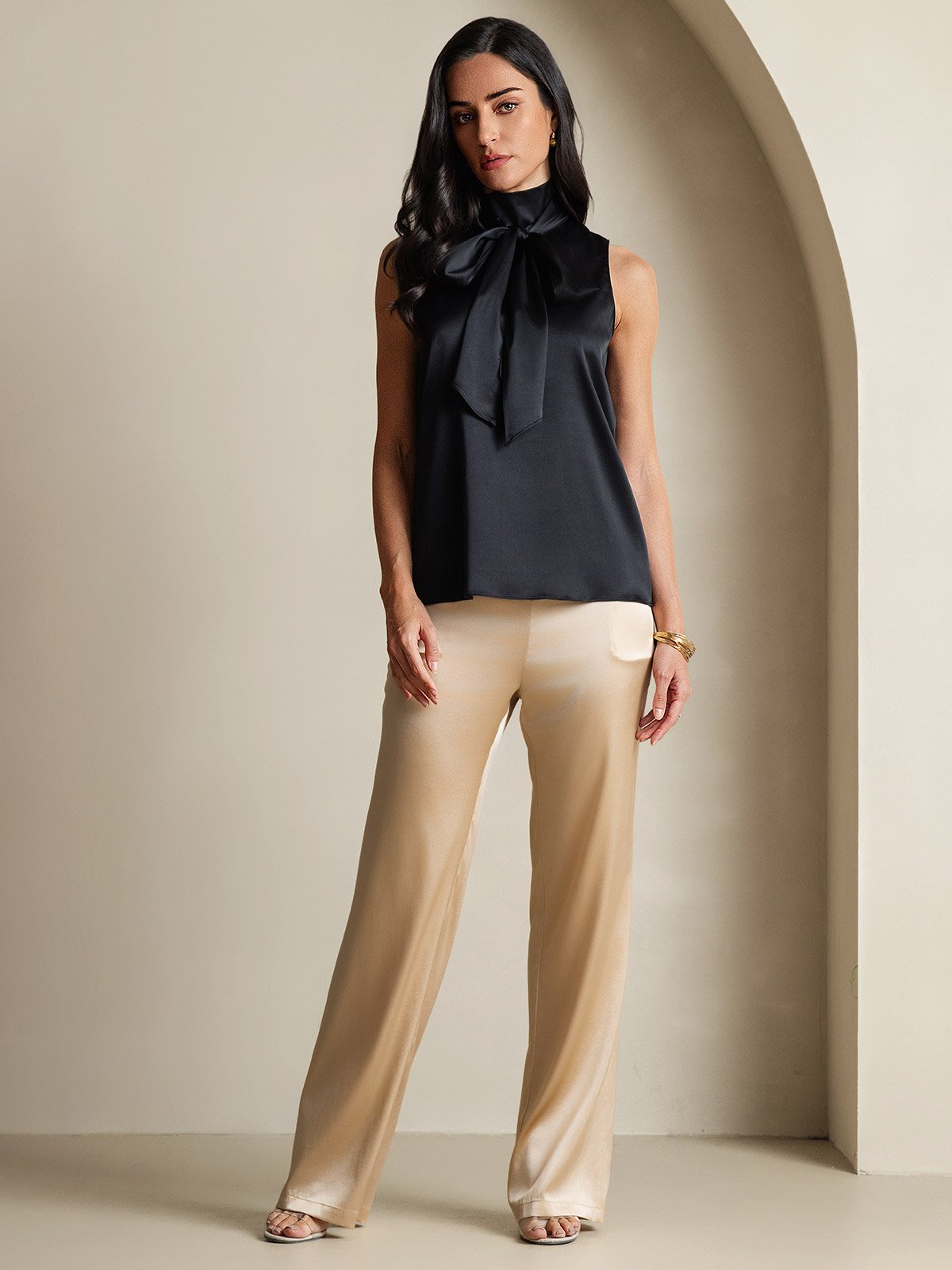 [أسود] SilkSilky-SA 19Momme الحرير تعادل الرقبة بلوزة 009