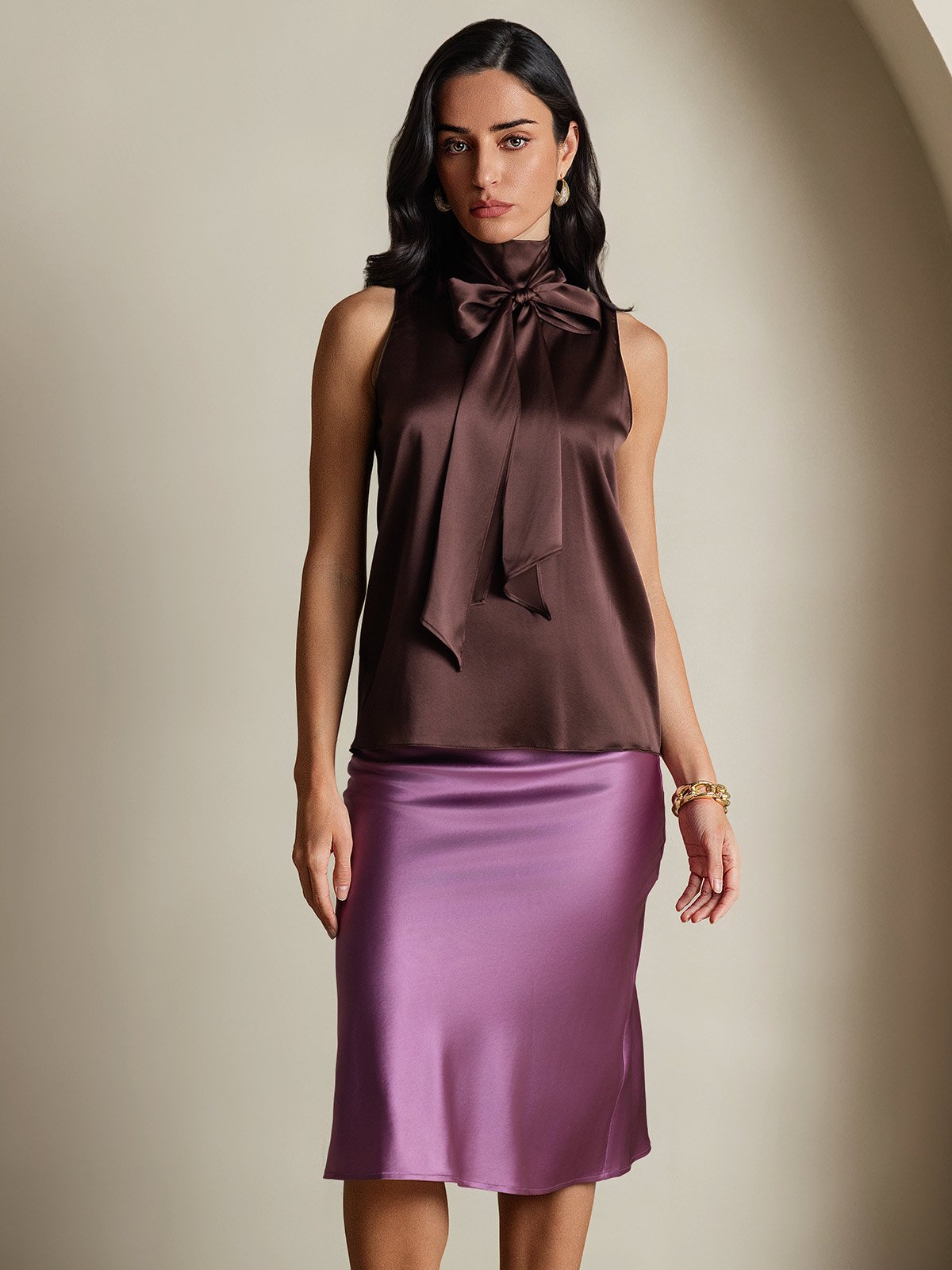 [قهوة] SilkSilky-SA 19Momme الحرير تعادل الرقبة بلوزة 004