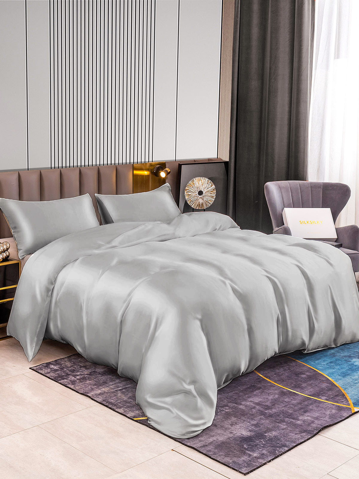 [فضة] SilkSilky-SA 22Momme الحرير الخالص Bedding Set 003