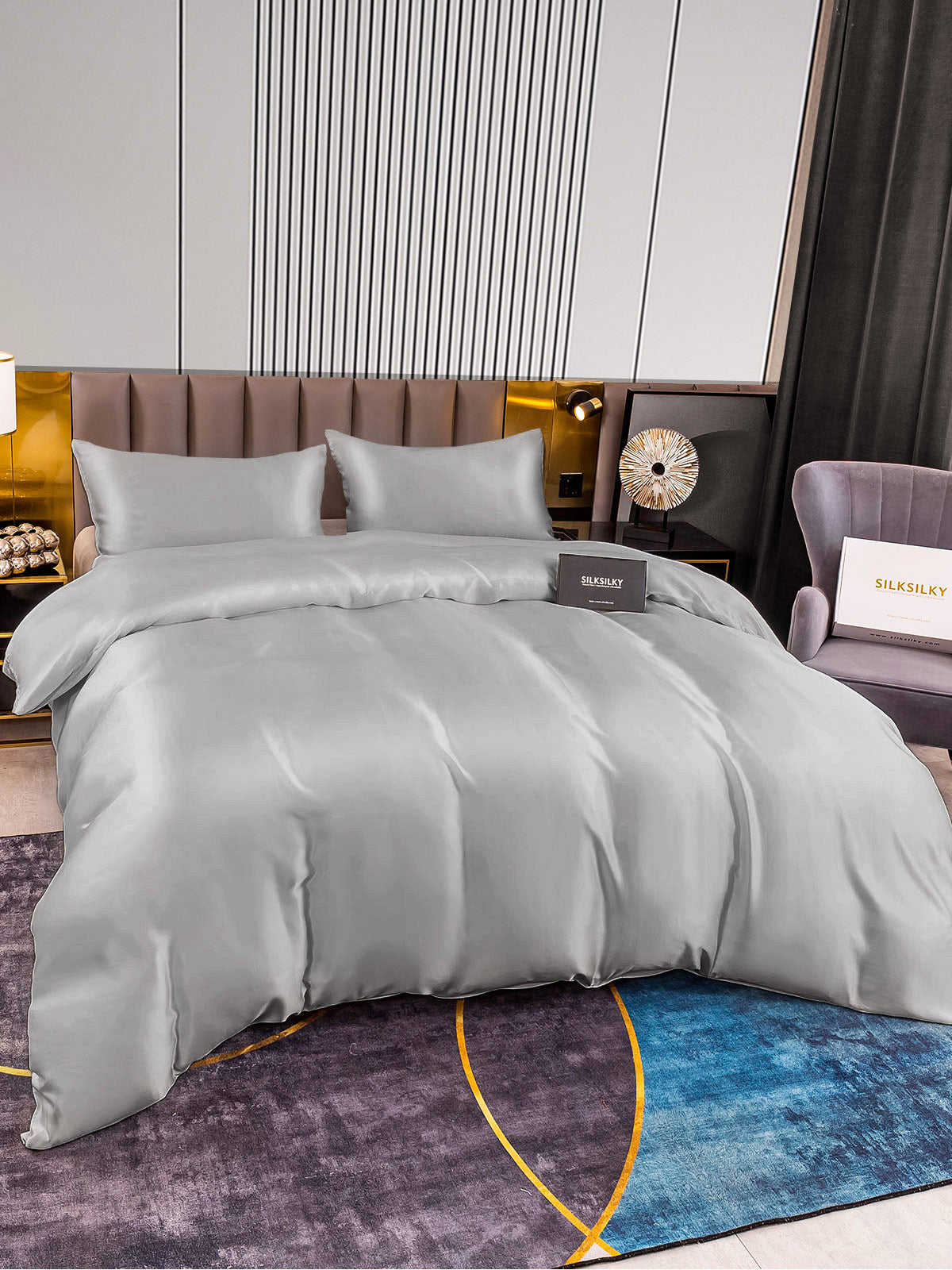 [فضة] SilkSilky-SA 22Momme الحرير الخالص Bedding Set 004