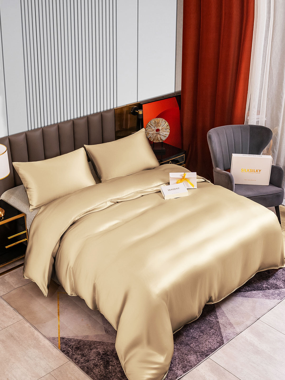 [اللون البيج] SilkSilky-SA 22Momme الحرير الخالص Bedding Set 002