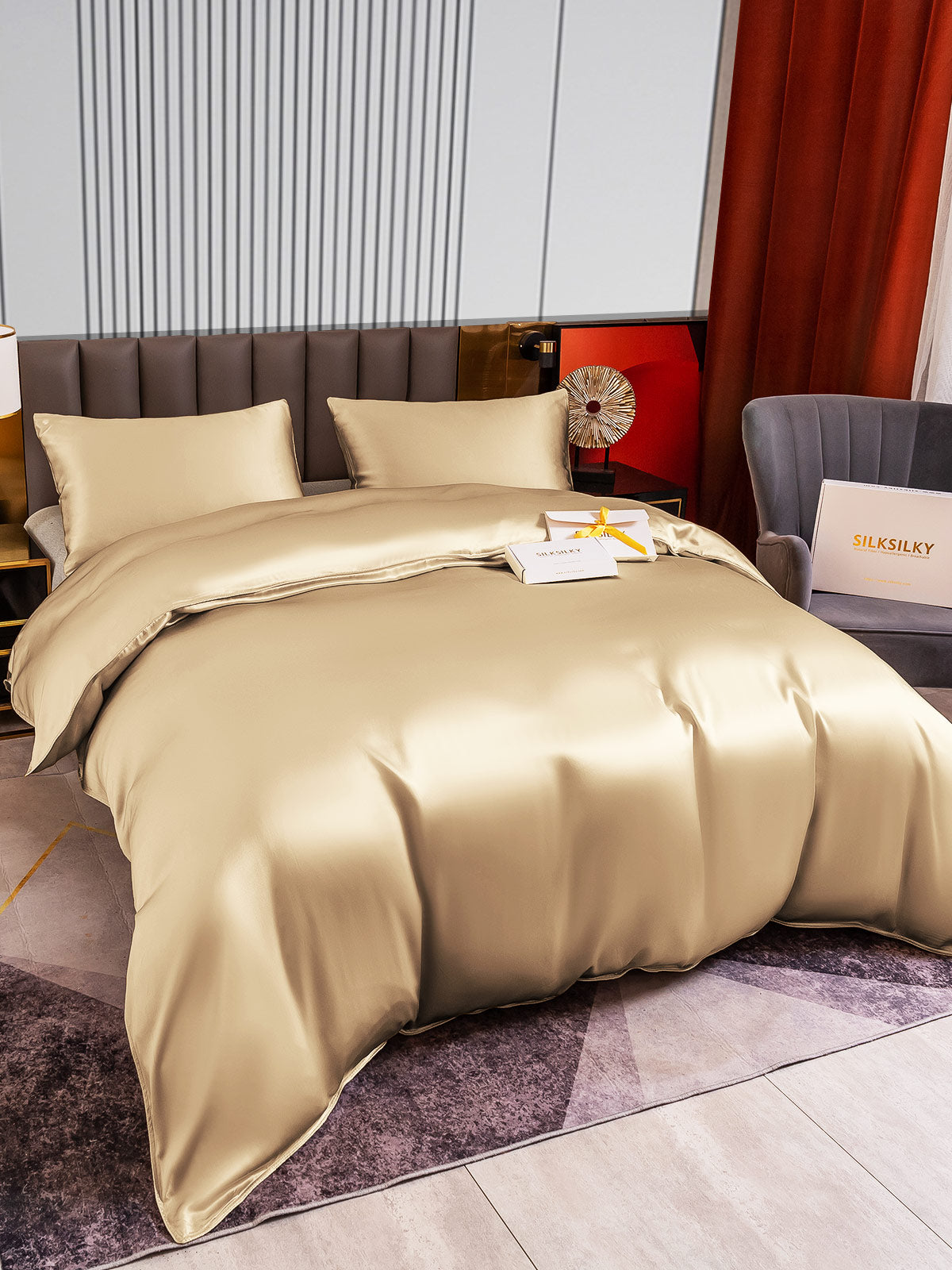 [اللون البيج] SilkSilky-SA 22Momme الحرير الخالص Bedding Set 004