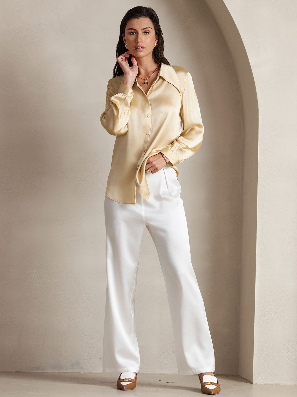 [أبيض] SilkSilky-SA 19Momme الحرير Womens Pants 007