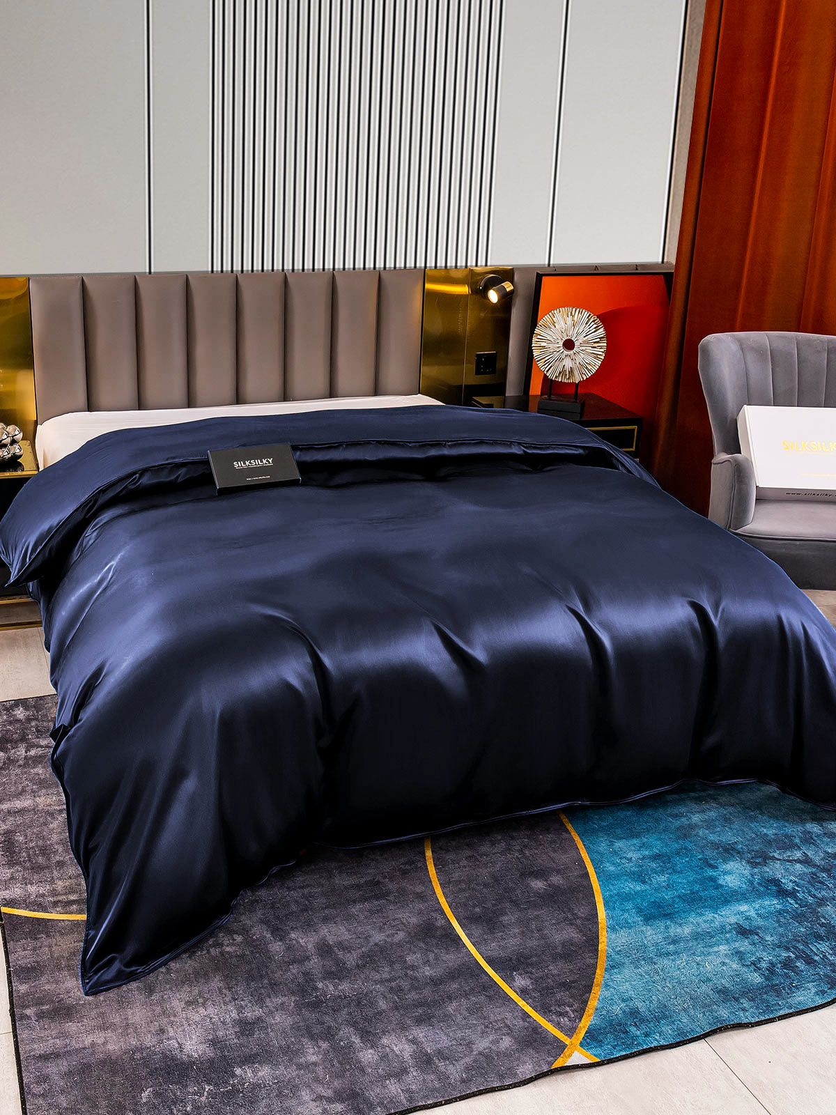 [أزرق غامق] SilkSilky-SA 22Momme الحرير الخالص Duvet Cover 003