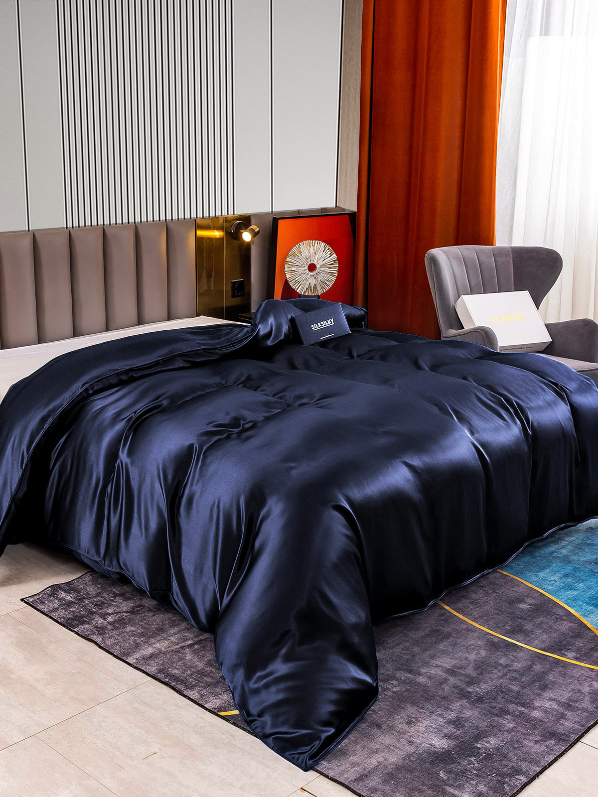 [أزرق غامق] SilkSilky-SA 22Momme الحرير الخالص Duvet Cover 002