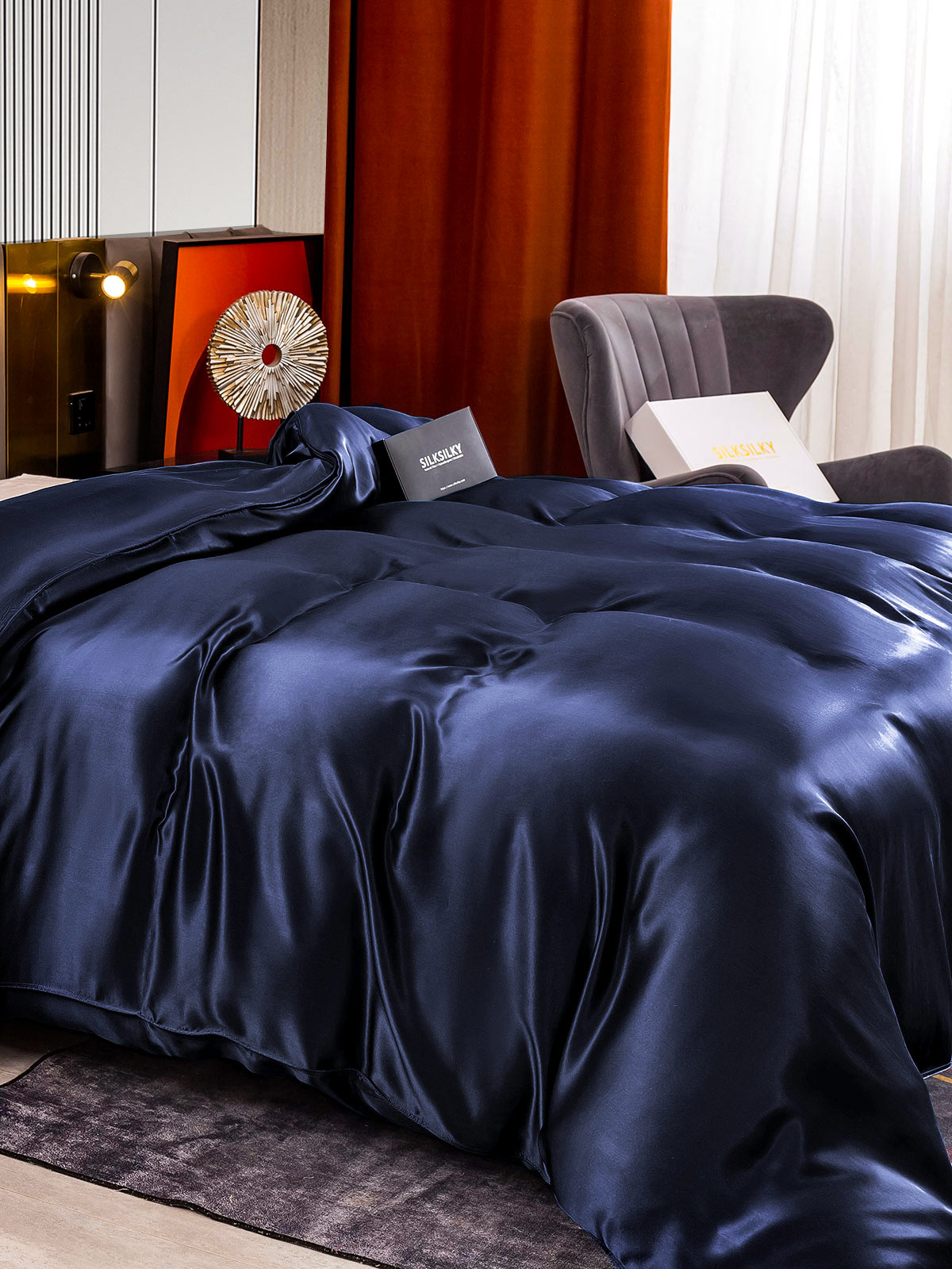 [أزرق غامق] SilkSilky-SA 22Momme الحرير الخالص Duvet Cover 004