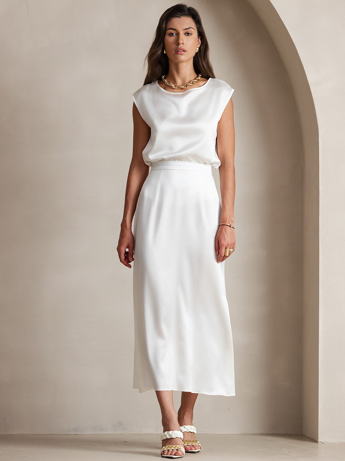 [أبيض] SilkSilky-SA 19Momme الحرير Skirt 005