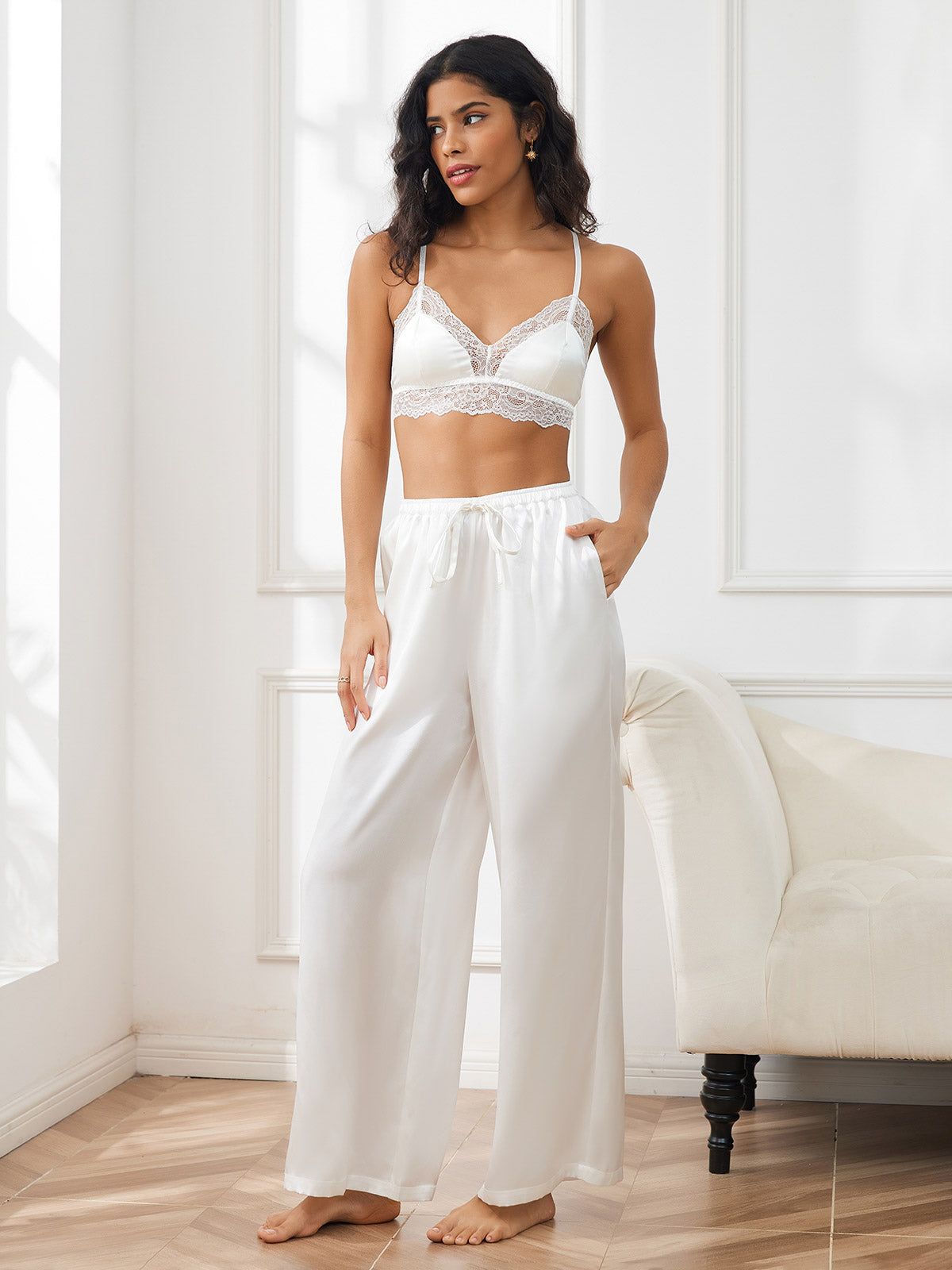 [أبيض] SilkSilky-SA الحرير الخالص Womens Pants 006