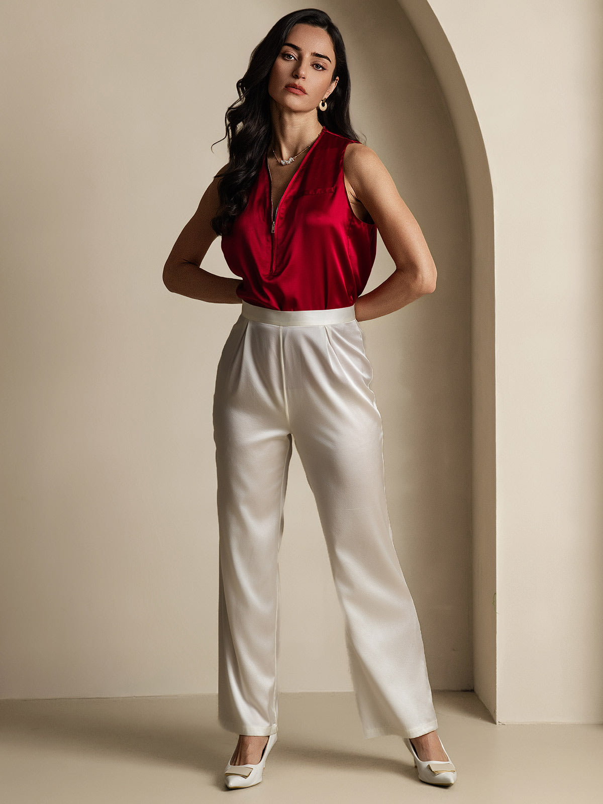 [أبيض] SilkSilky-SA 19Momme الحرير Womens Pants 002